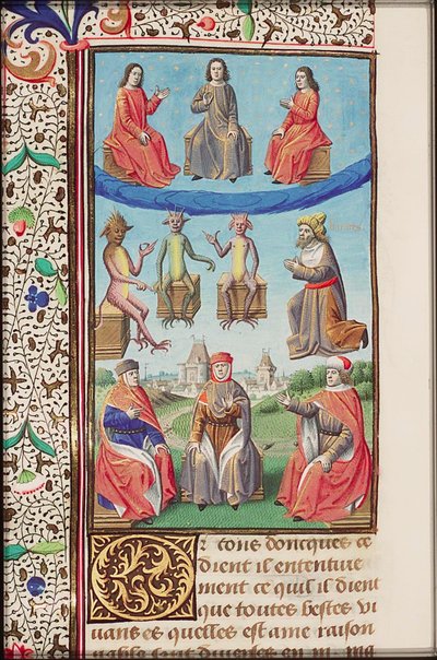 Een verlichte pagina van het boek De Stad van God, Franse vertaling door Raoul de Presles (1371-1375) door Augustine of Hippo